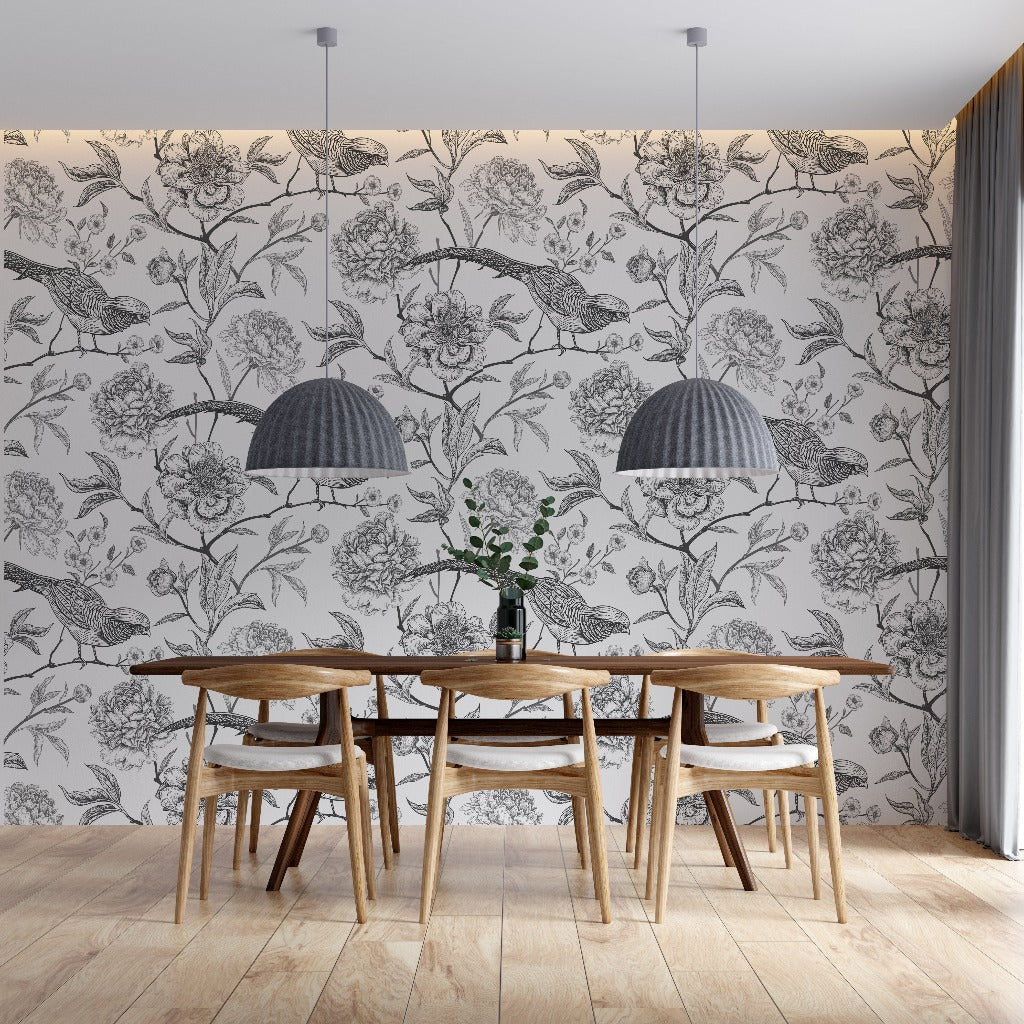 Dining Room - Dining room with black and white wallpaper with birds and flowers