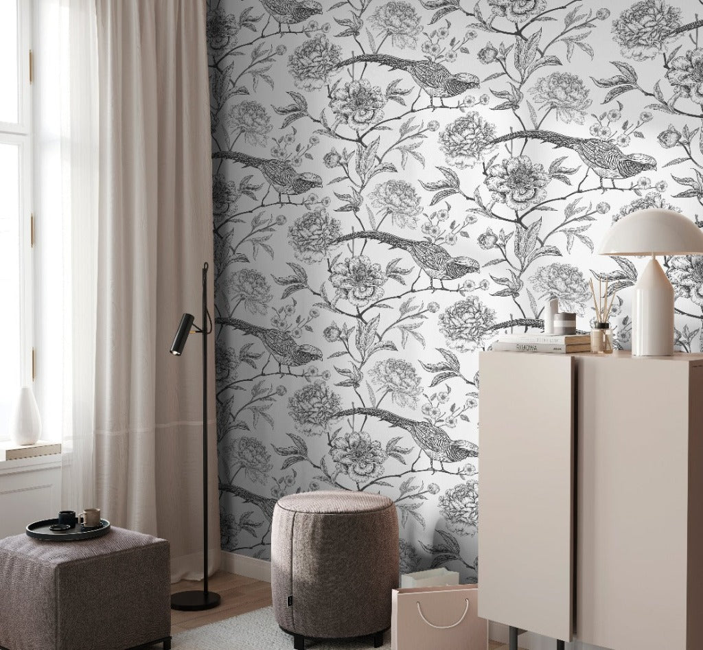 Living Room - Living room with amazing black and white wallpaper with birds and flowers