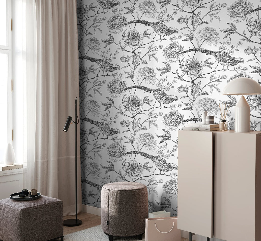 Living room with amazing black and white wallpaper with birds and flowers