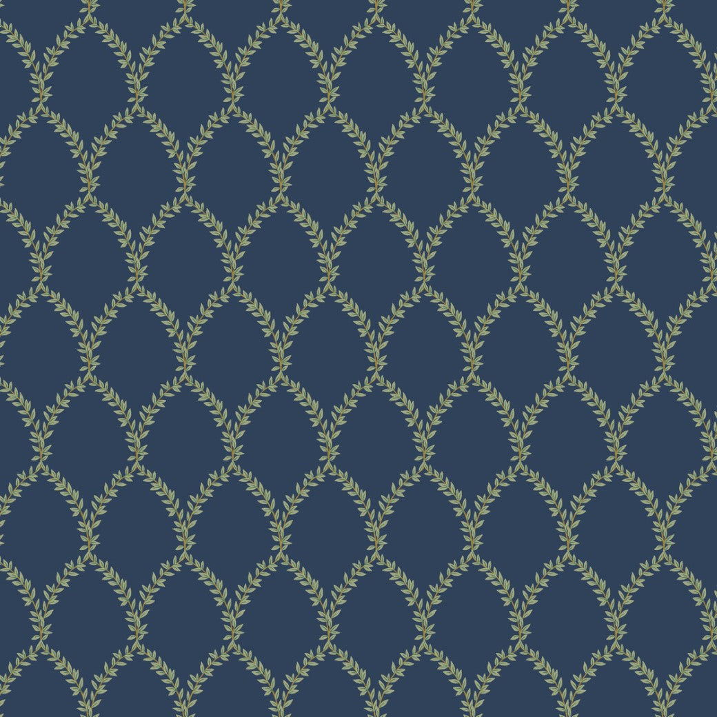 The Navy Laurel Wallpaper (60 SqFt) by York Wallcoverings features green leafy arch motifs on a dark blue background, arranged in a seamless, repeating pattern inspired by Rifle Paper Co.’s timeless style.