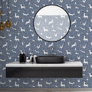 Kids washroom with blue seamless wallpaper