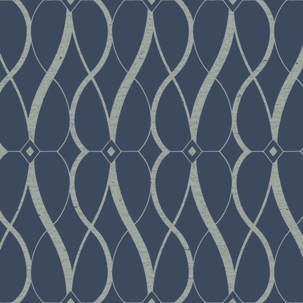 The Navy & Silver Graceful Geo Wallpaper by York Wallcoverings features light blue interlocking curves and diamond shapes on a dark navy background, offering a visually engaging, metallic design from the Modern Metals Collection.