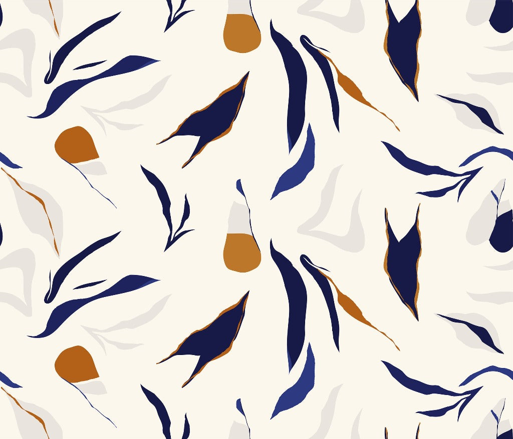 Sentence with replaced product:

Abstract seamless pattern featuring navy blue and terracotta organic shapes interspersed with light blue leaf-like figures on a white background, ideal for Decor2Go Wallpaper Mural designs.