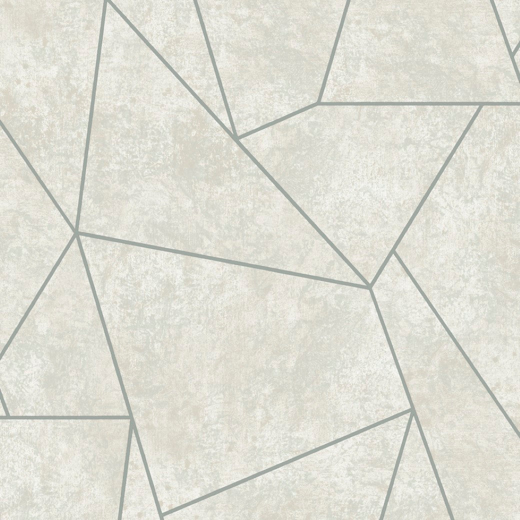 The Neutrals & Gold Metallic Cascade Wallpaper by York Wallcoverings boasts a geometric pattern with interlocking polygon shapes in gray shades and thin lines, creating a modern metallic mosaic from the Modern Metals Collection.