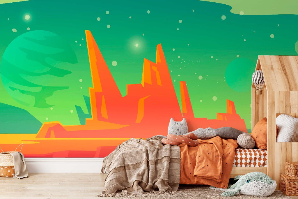 Bedroom - A vibrant children's bedroom with a Decor2Go Wallpaper Mural depicting an imaginative, colorful landscape with green skies and orange, crystal-like formations. The room contains a cozy bed and scattered plush toys.