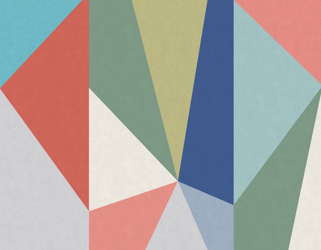 Abstract geometric background with a pattern of overlapping triangles in various muted colors including red, blue, green, and beige, evoking the whimsical imagery of Decor2Go Wallpaper Mural's Old Circus Wallpaper Mural.