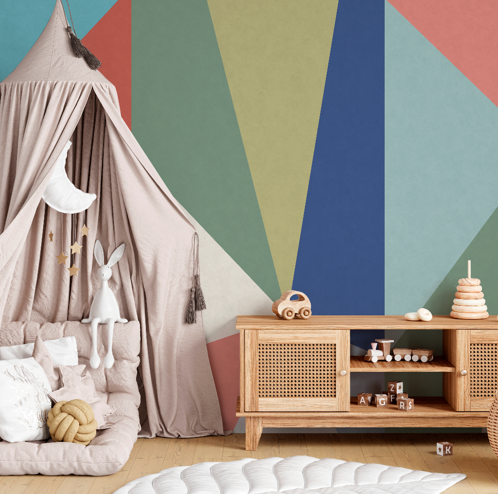 A cozy children's playroom with a Decor2Go Wallpaper Mural vintage circus mural, a plush tent, toys, and a wooden cabinet. Comfortable cushions are scattered on the floor.