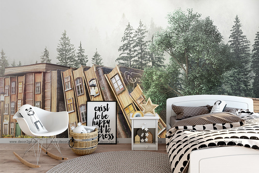 A whimsical children's room decor featuring a Decor2Go Wallpaper Mural of book spines as buildings, a forest backdrop, and furnishings like a white modern chair, star-shaped lamp, and a cozy, striped bed.