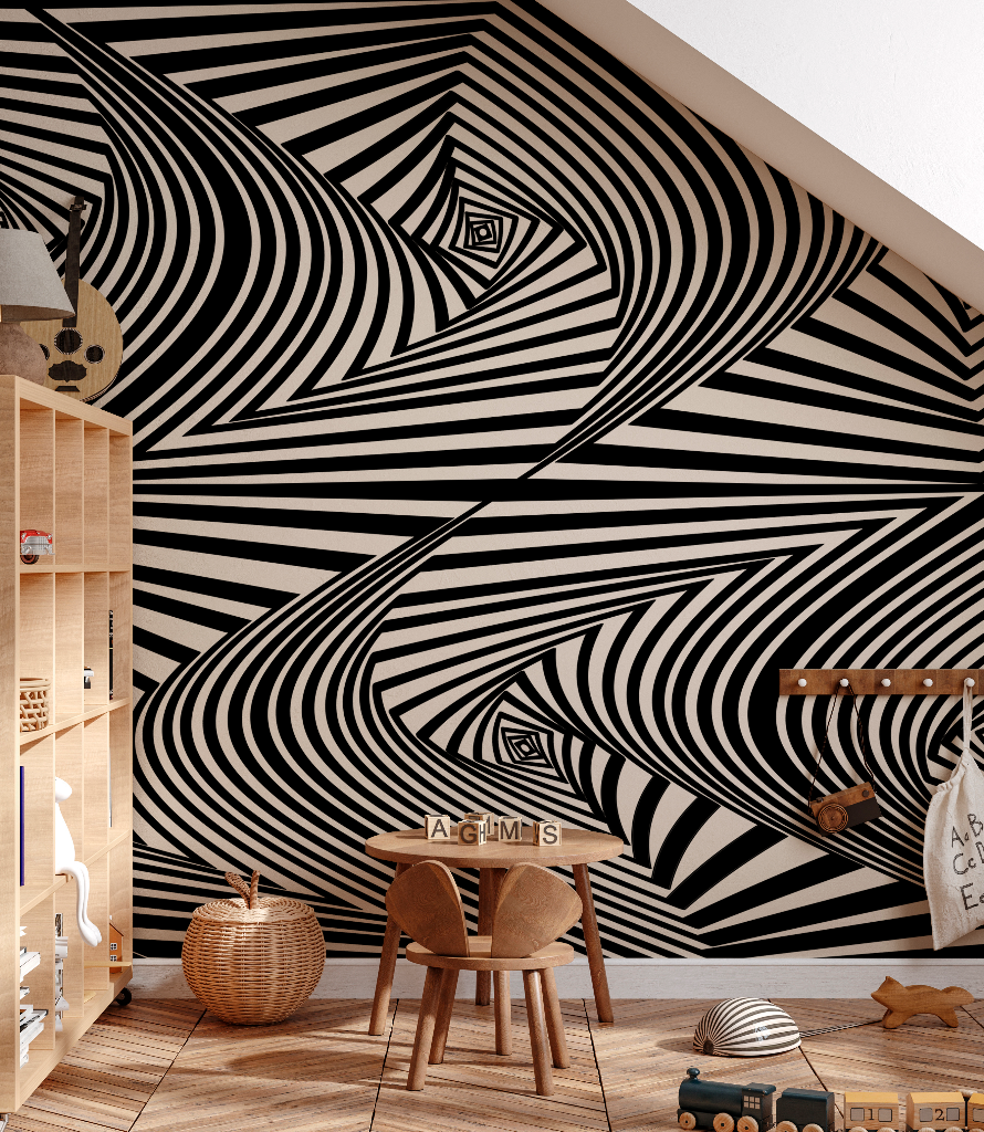 Kids Room - A modern children's room with a stunning Decor2Go Wallpaper Mural optical illusion mural on one wall. The room contains wooden furniture, toys, and a small table with chairs.