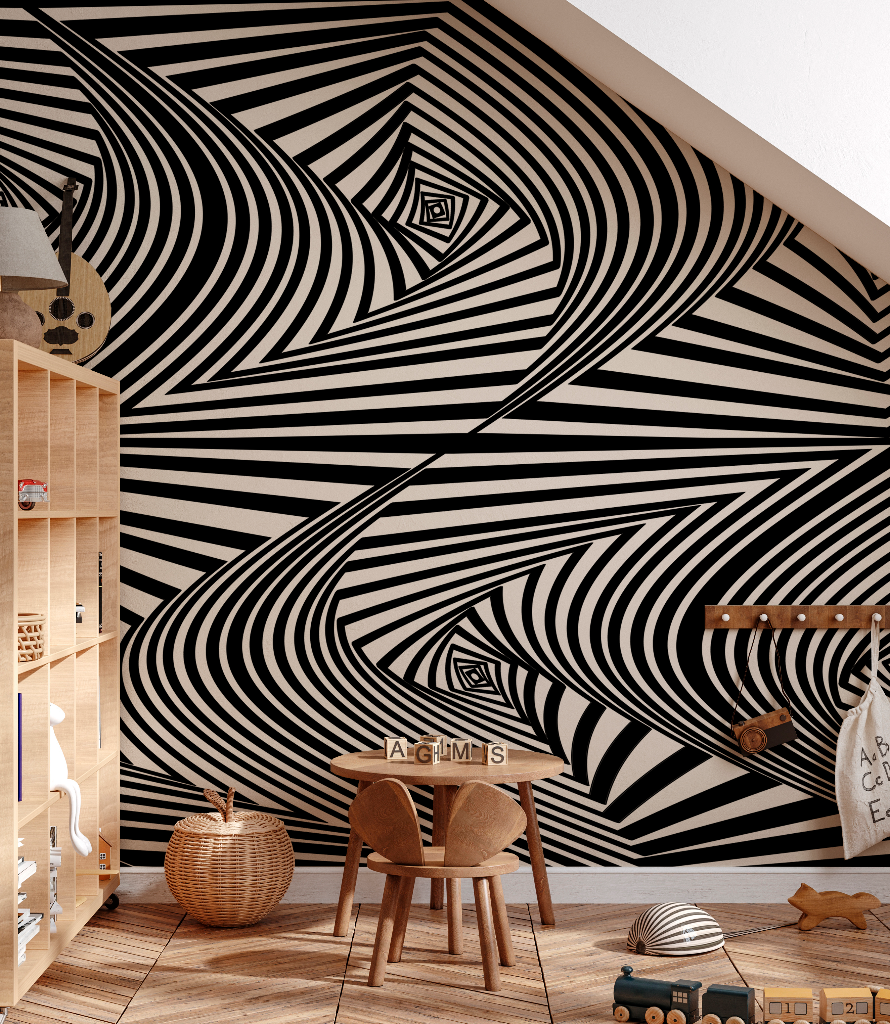 A modern children's room with a stunning Decor2Go Wallpaper Mural optical illusion mural on one wall. The room contains wooden furniture, toys, and a small table with chairs.