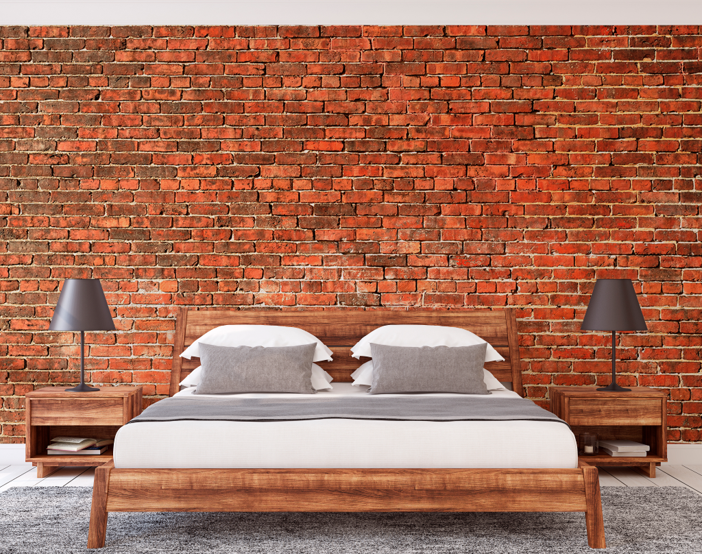 Bedroom - Red urban brick wall wallpaper mural. Perfect choice for bedroom home decor