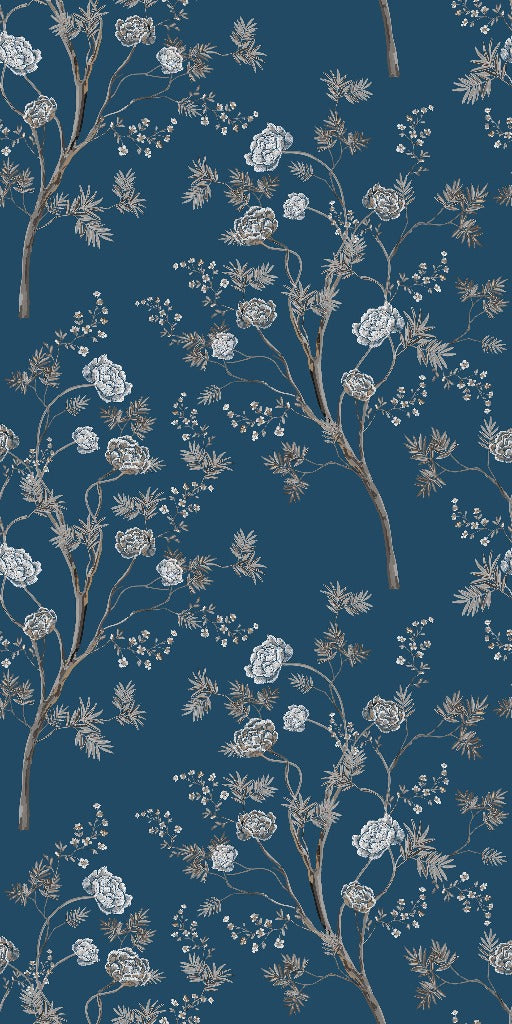 A detailed floral pattern featuring white and beige branches with blooming flowers on a deep blue background. The design, reminiscent of Decor2Go Wallpaper Mural, is intricate and elegant, exuding local craftsmanship in every Oriental Garden Wallpaper Mural.