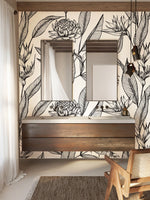 A stylish bathroom featuring a large Decor2Go Wallpaper Mural Paradise Flower wallpaper, double wooden vanity with two sinks and square mirrors, accented by natural wood beams and a wooden chair.