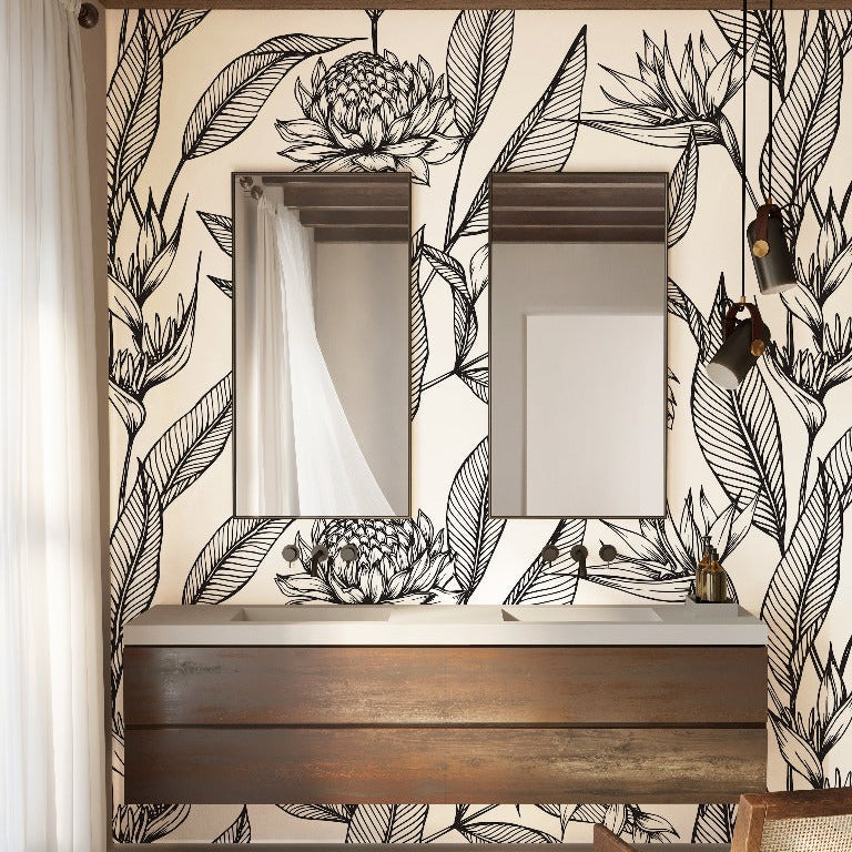 Bathroom - A stylish bathroom featuring a large Decor2Go Wallpaper Mural Paradise Flower wallpaper, double wooden vanity with two sinks and square mirrors, accented by natural wood beams and a wooden chair.