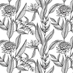 A seamless black and white floral pattern featuring detailed line drawings of Hawaii's flowers and foliage. The design shows repeated motifs of blooms and slender leaves with the Paradise Flower Wallpaper Mural from Decor2Go Wallpaper Mural.