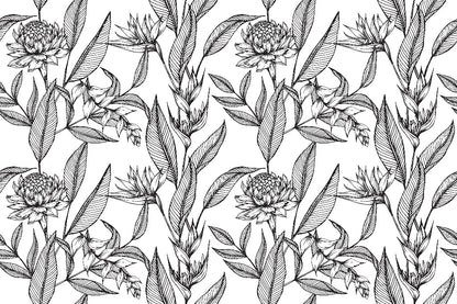 A seamless black and white floral pattern featuring detailed line drawings of Hawaii's flowers and foliage. The design shows repeated motifs of blooms and slender leaves with the Paradise Flower Wallpaper Mural from Decor2Go Wallpaper Mural.