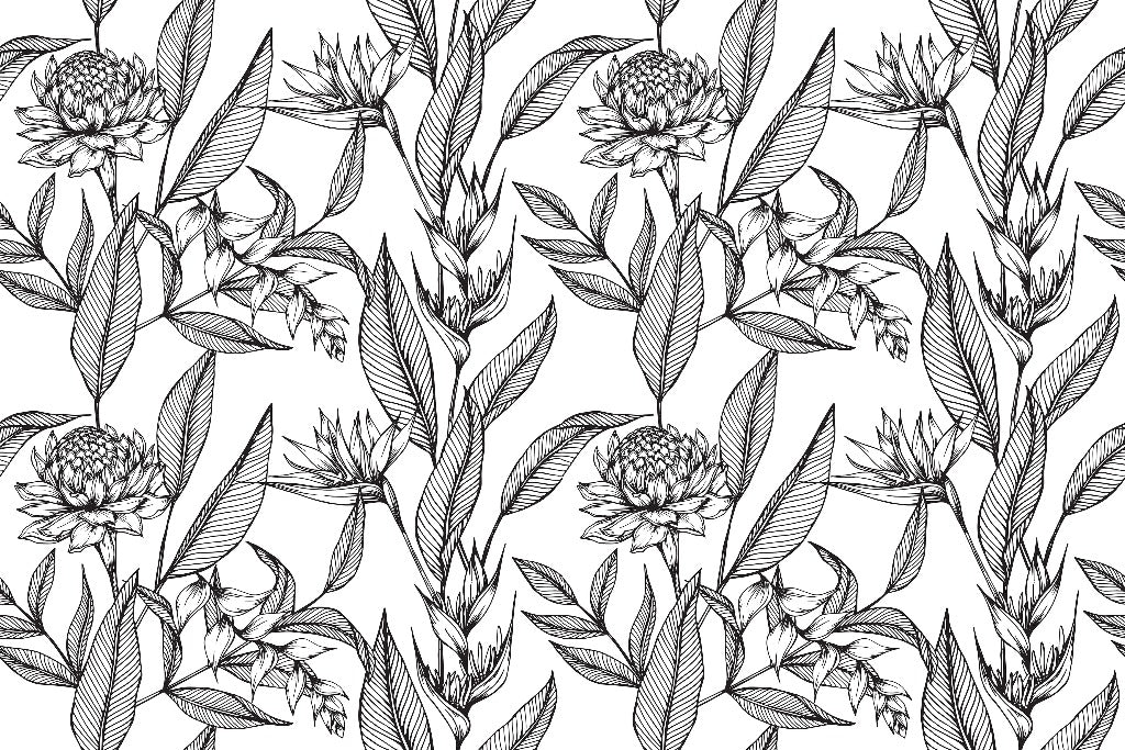 A seamless black and white floral pattern featuring detailed line drawings of Hawaii's flowers and foliage. The design shows repeated motifs of blooms and slender leaves with the Paradise Flower Wallpaper Mural from Decor2Go Wallpaper Mural.