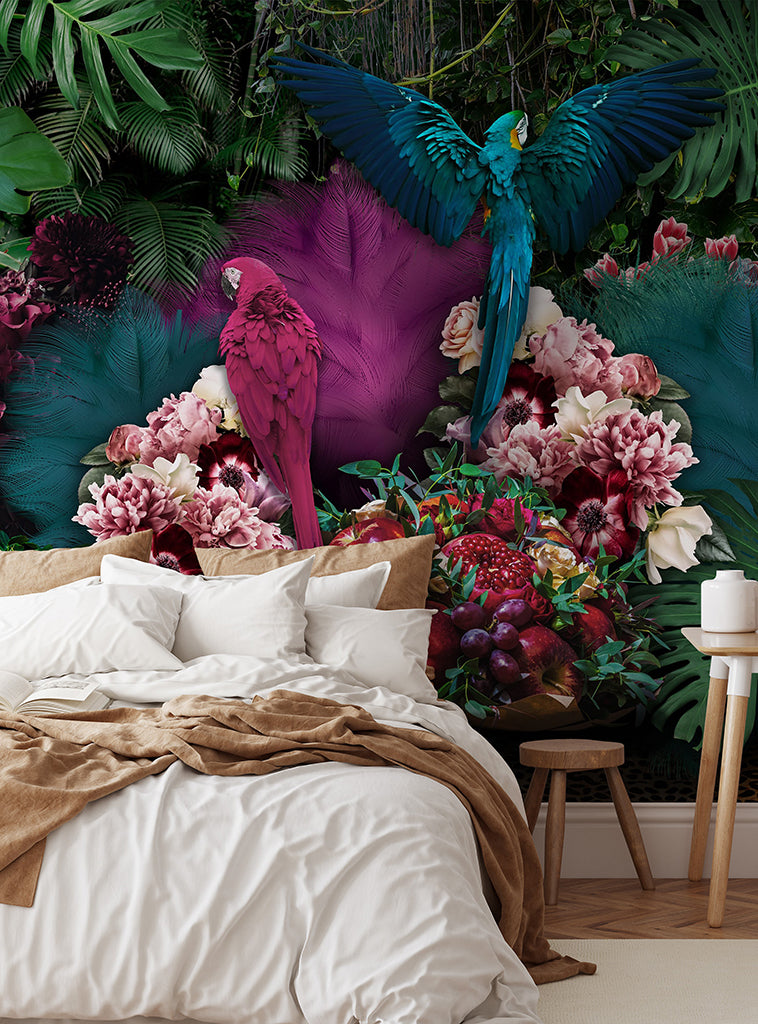 Bedroom - A vibrant and colorful bedroom featuring a large Parrot Paradise Wallpaper Mural from Decor2Go Wallpaper Mural with lush greenery, flowers, and vividly displayed majestic parrots including a pink parrot and a blue macaw in flight.