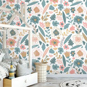 Kids Room - Pastel Flowers Wallpaper Mural in the kids room in blue and pink colors
