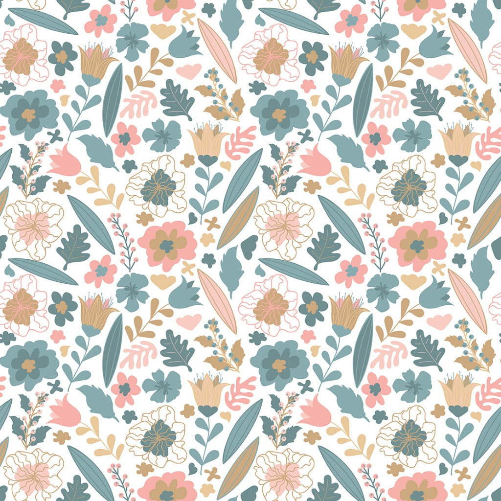 Pastel Flowers Wallpaper Mural in blue and pink colors
