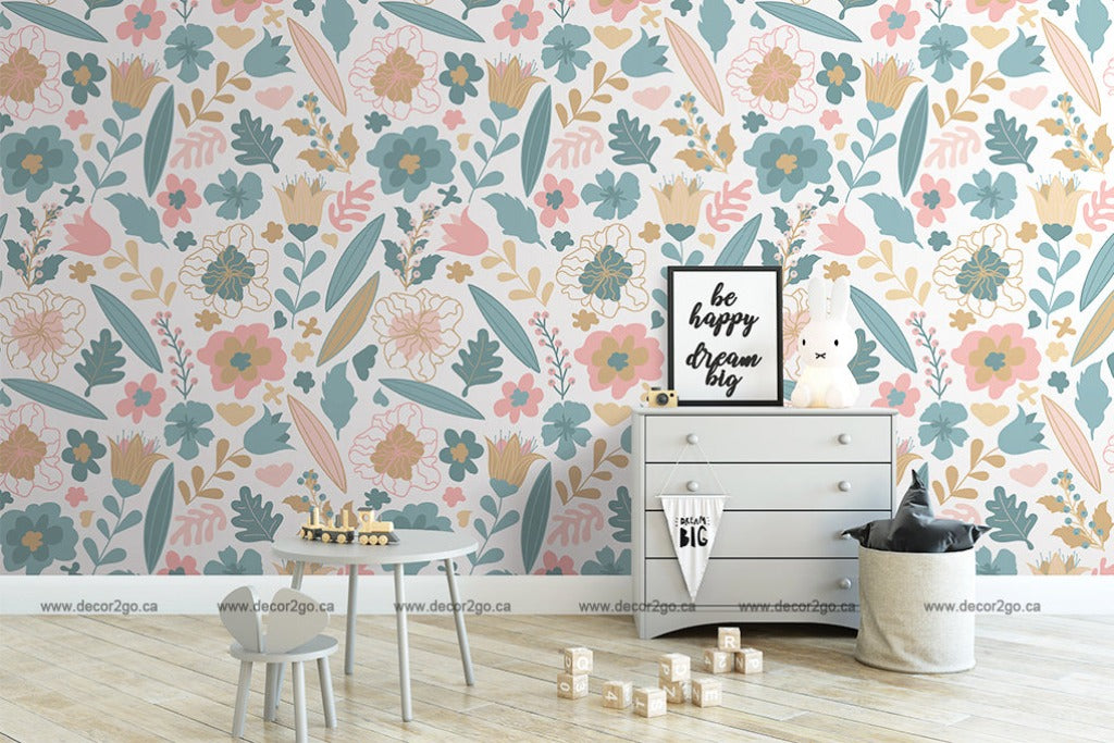 Pastel Flowers Wallpaper Mural in the playing room in blue and pink colors