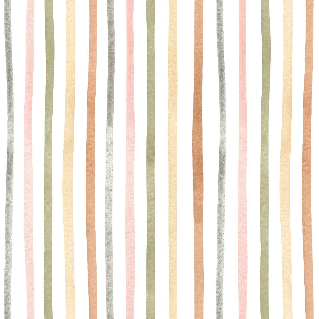 Vertical stripes pattern in subtle pastel shades of pink, green, cream, and brown with a textured watercolor look on the Pastel Perfection Wallpaper Mural from Decor2Go Wallpaper Mural.
