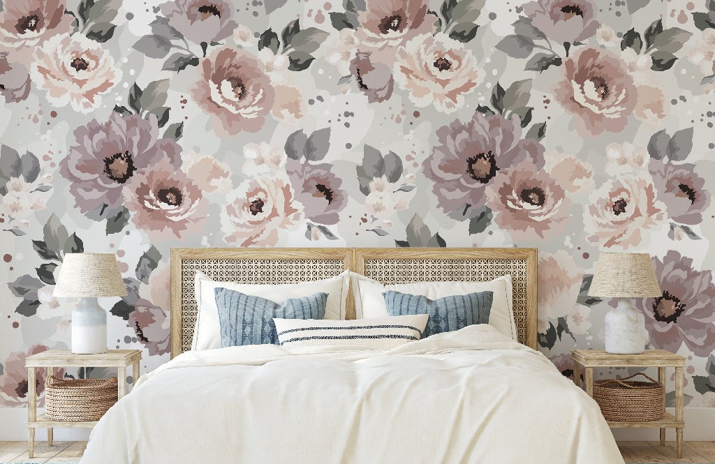 Bedroom - A cozy bedroom featuring a wooden bed with blue and white pillows, flanked by two white lamps on wicker nightstands, against a wall adorned with a Decor2Go Wallpaper Mural.