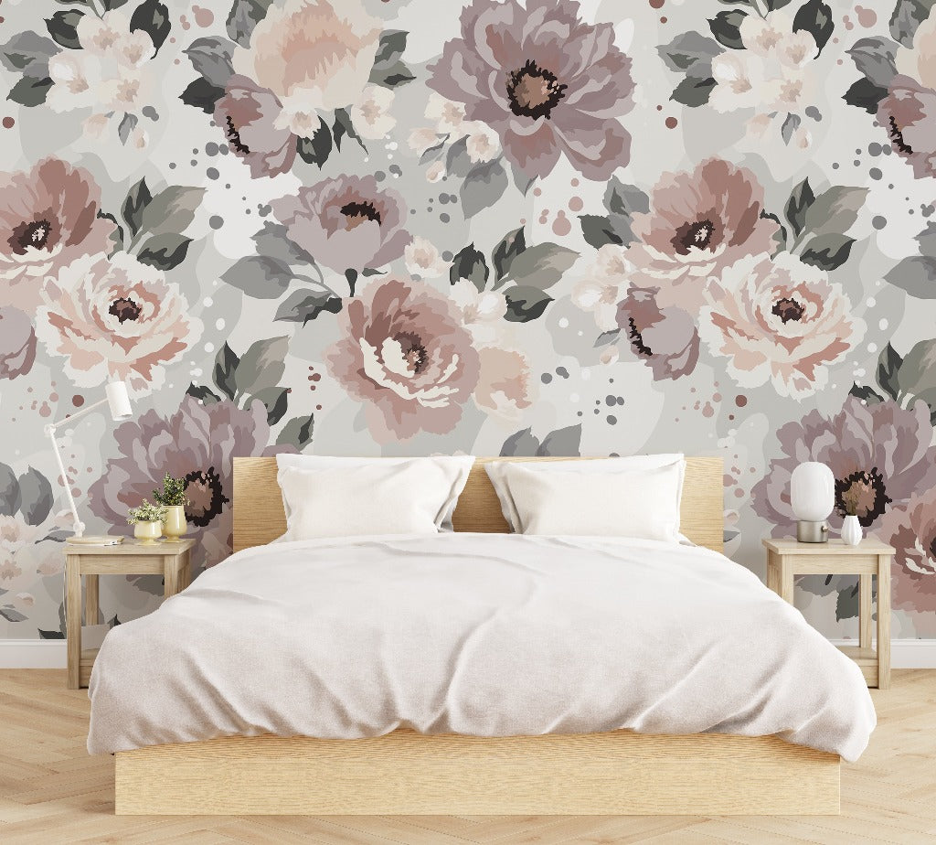 A modern bedroom featuring a wooden bed with beige bedding, flanked by two wooden nightstands. The room has a large Decor2Go Wallpaper Mural in shades of gray and pink.