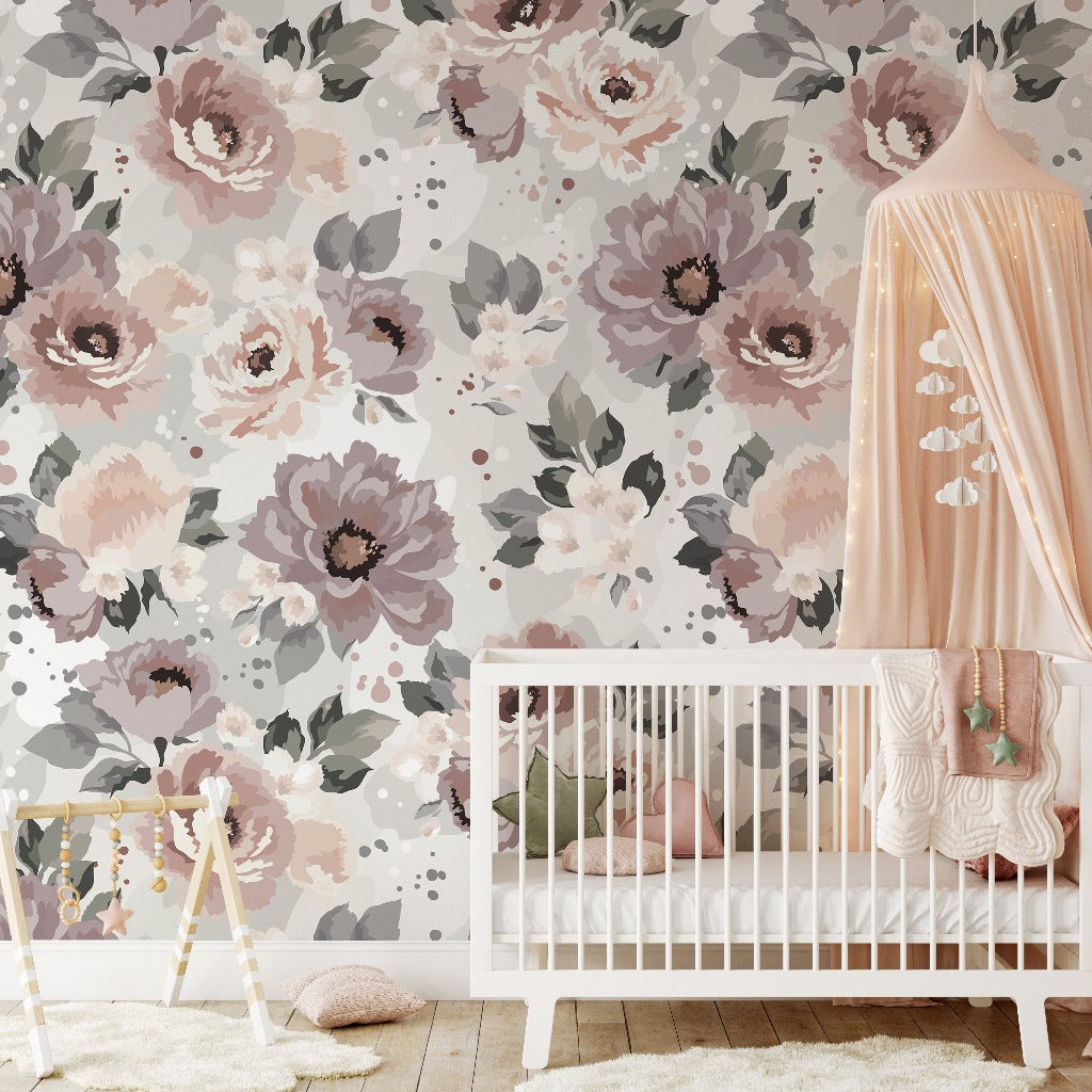 A cozy nursery featuring a white crib, a Decor2Go Wallpaper Mural, a draped canopy, and a wooden ladder with hanging plush toys.