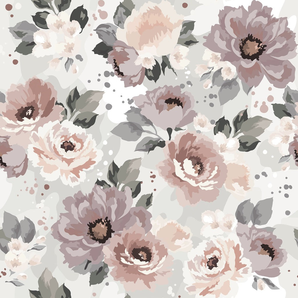 A Decor2Go Wallpaper Mural featuring a blend of soft pink, taupe, and purple flowers with delicate foliage and splattered paint details on a light gray background, perfect for enhancing any living space.