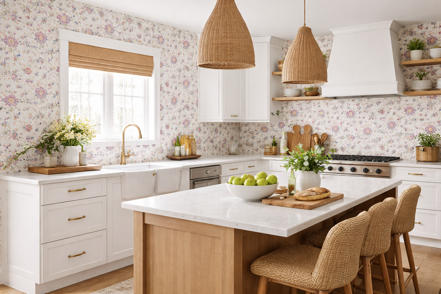 Modern kitchen with white cabinets, a central island, and decorative wallpaper.