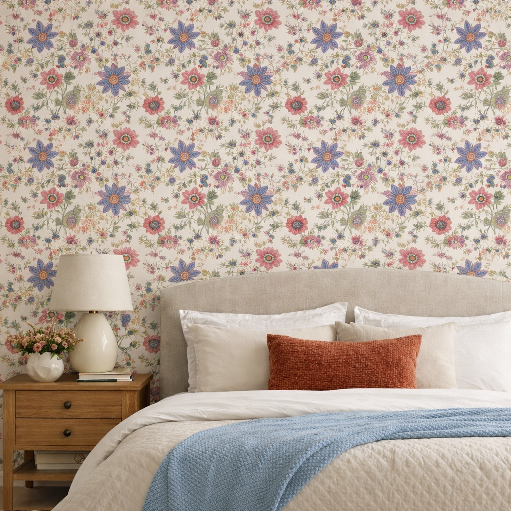 Bedroom - Bedroom with floral wallpaper, bed, and nightstands.