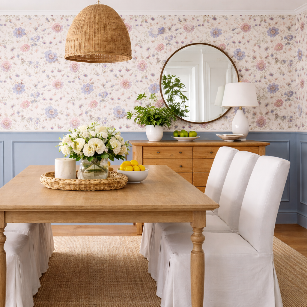 Dining Room - Dining room with wooden table, white chairs, and floral wallpaper.