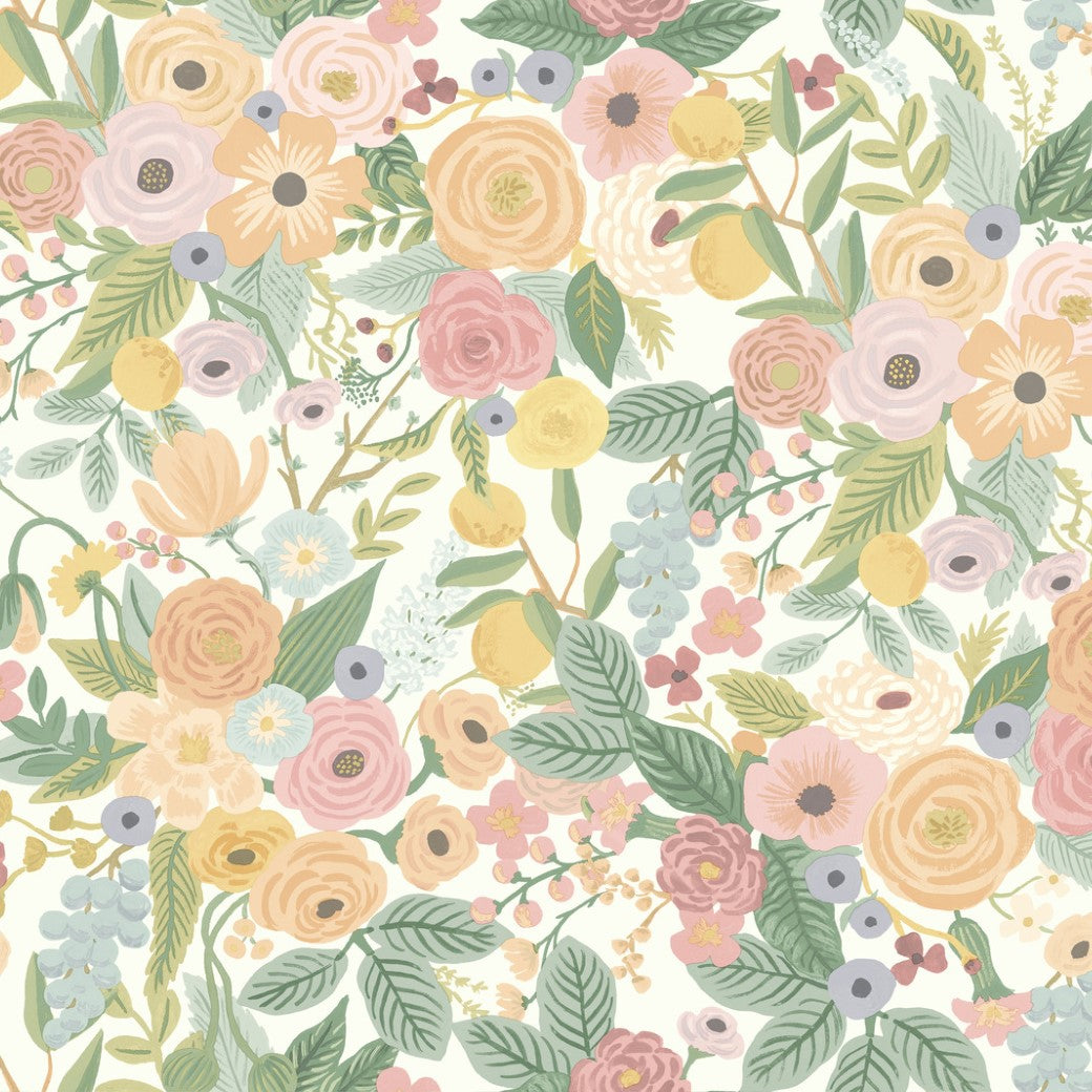 York's "Pastels Garden Party Wallpaper" features a seamless floral pattern of pastel roses, daisies, and small blossoms with green leaves on a light cream background, capturing the soft charm of a garden party.