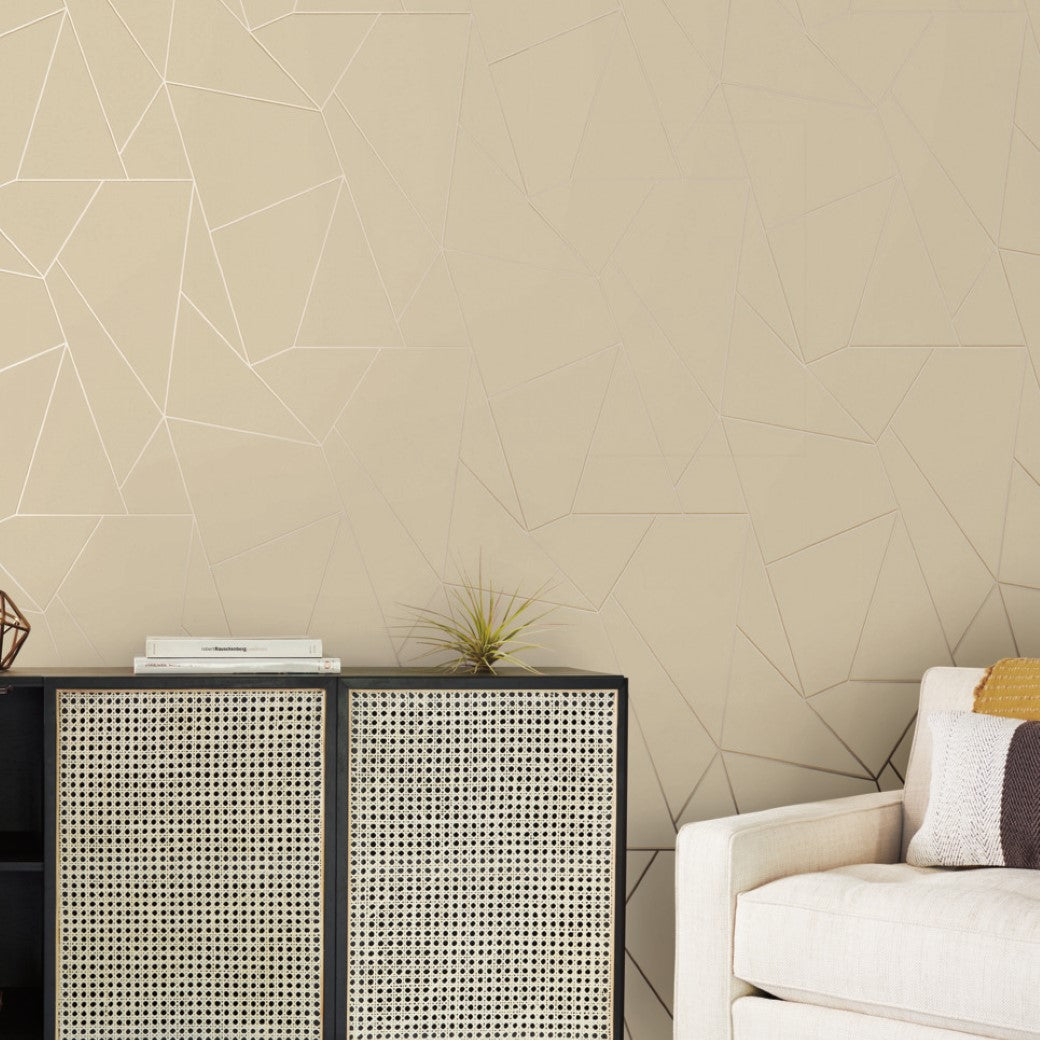 Living Room - A modern includes York Wallcoverings' Pearl & Gold Nazca Wallpaper, a black and rattan cabinet adorned with books and a plant, and a cream sofa with a cushion on the right side