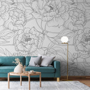 Living Room - Peonies Outline Wallpaper Mural in the livingroom black and white