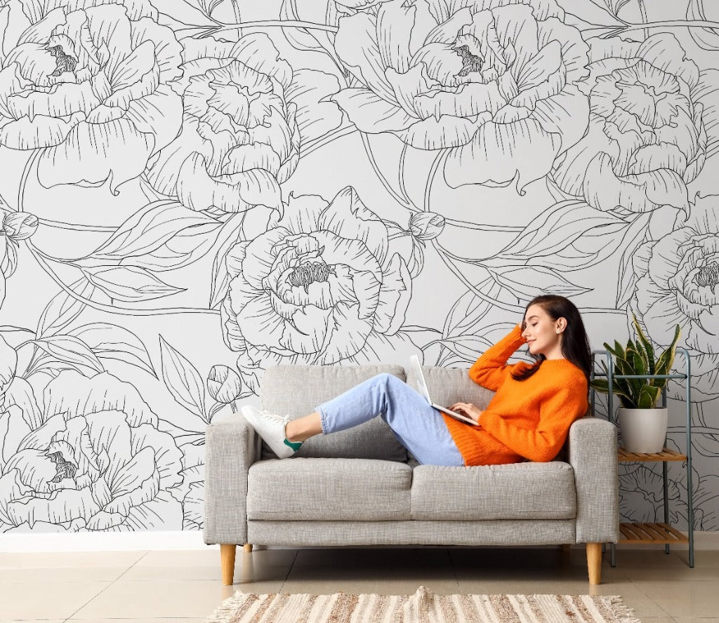 Living Room - Peonies Outline Wallpaper Mural in the livingroom black and white