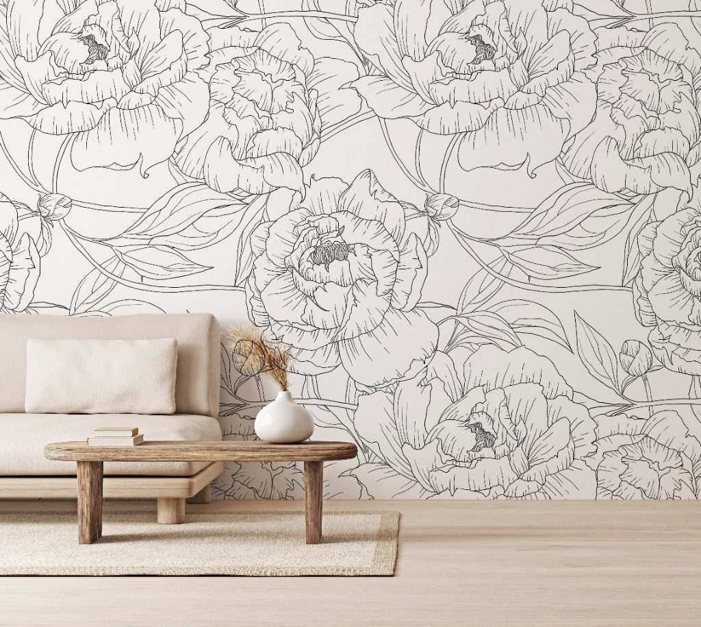 Living Room - Peonies Outline Wallpaper Mural in the livingroom black and white