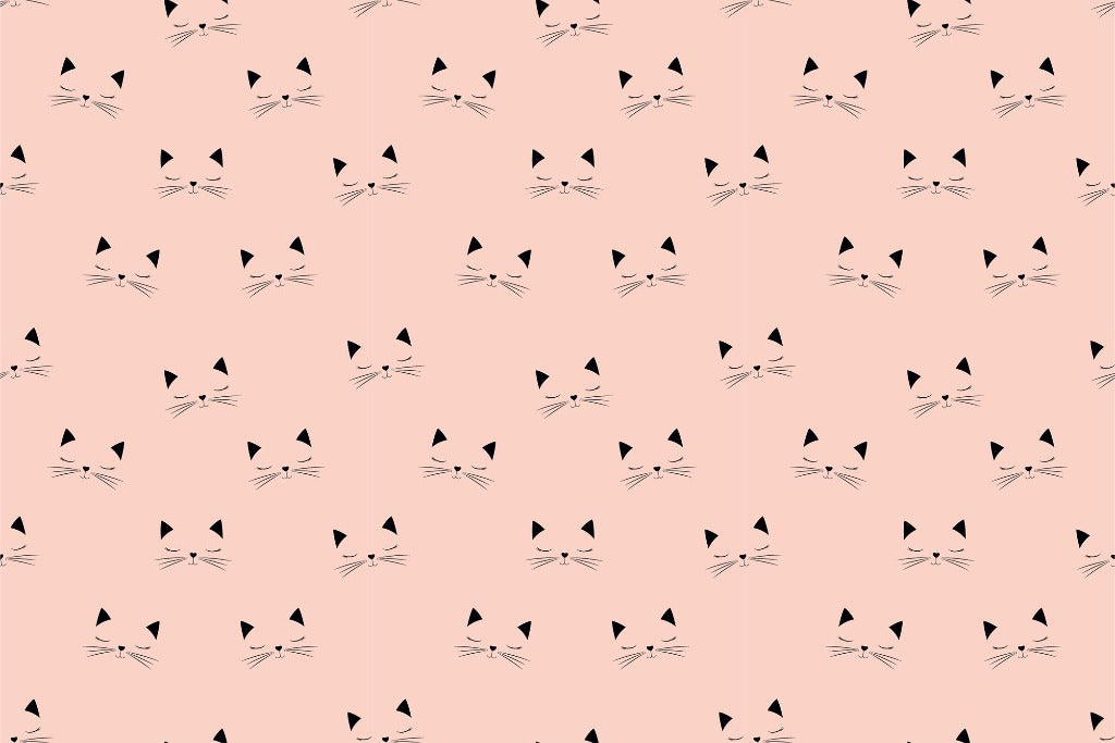 A seamless Cat Love Wallpaper Mural featuring simple, stylized cat faces with whiskers, arranged in a grid on a soft pink background. Each face consists of a triangular nose and ears with dash-like whiskers by Decor2Go Wallpaper Mural.