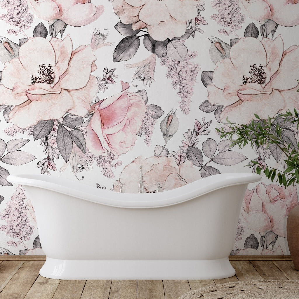 A classic white freestanding bathtub in a room with Decor2Go Wallpaper Mural, accompanied by a wicker basket and a tall vase with green branches.