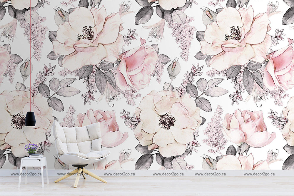Living Room - A modern living room with a Decor2Go Wallpaper Mural featuring large pink roses and grey leaves. There is a stylish white armchair and a small side table with a vase of flowers, embody.