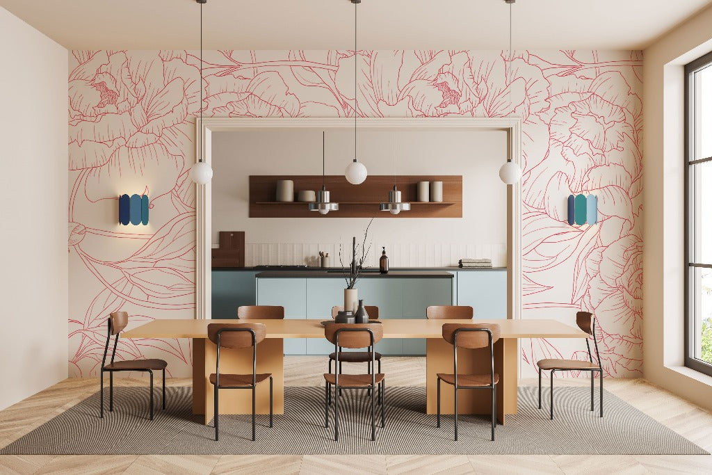 Living Room - Living Room and kitchen with floral lines wallpaper