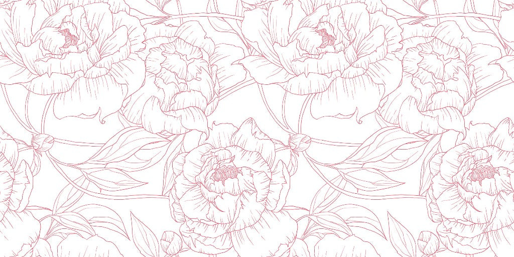 A seamless floral pattern featuring detailed line art of Pink Peonies Outline Wallpaper Mural and leaves in soft pink tones on a white background by Decor2Go Wallpaper Mural.
