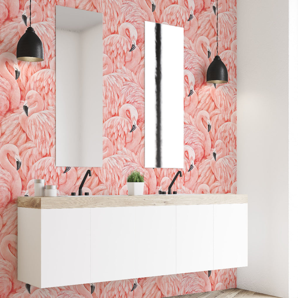 Bathroom - A modern bathroom with a tropical escape vibe features Decor2Go's Pink Flamingos Mural Wallpaper. It includes a white floating vanity with dual sinks, two vertical mirrors, chic black pendant lights, and a large right-side window that bathes the area in natural light.