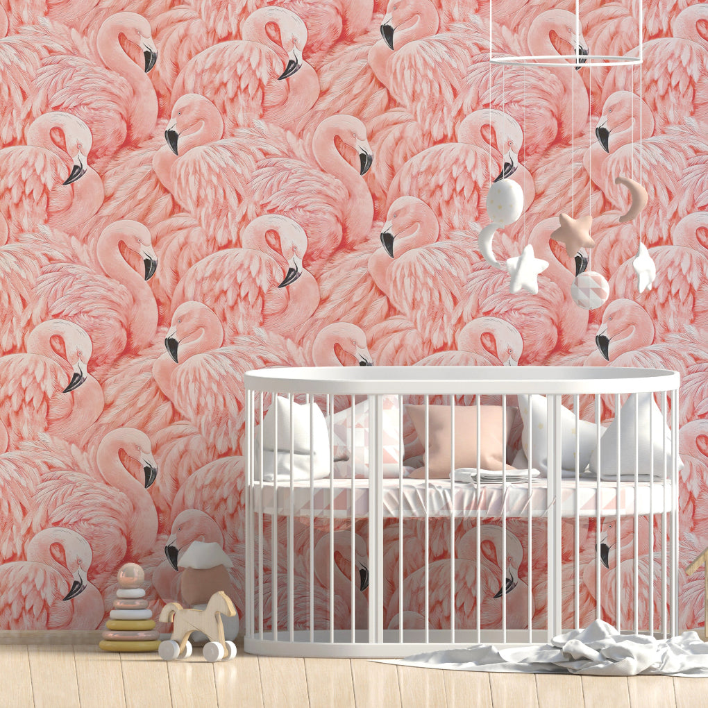 Nursery - A nursery featuring a white crib with beige bedding and stuffed toys. The Decor2Go Wallpaper Mural's Pink Flamingos design adds vibrancy to the light wooden floors. Hanging shoes introduce a playful element to this cozy, tropical retreat.