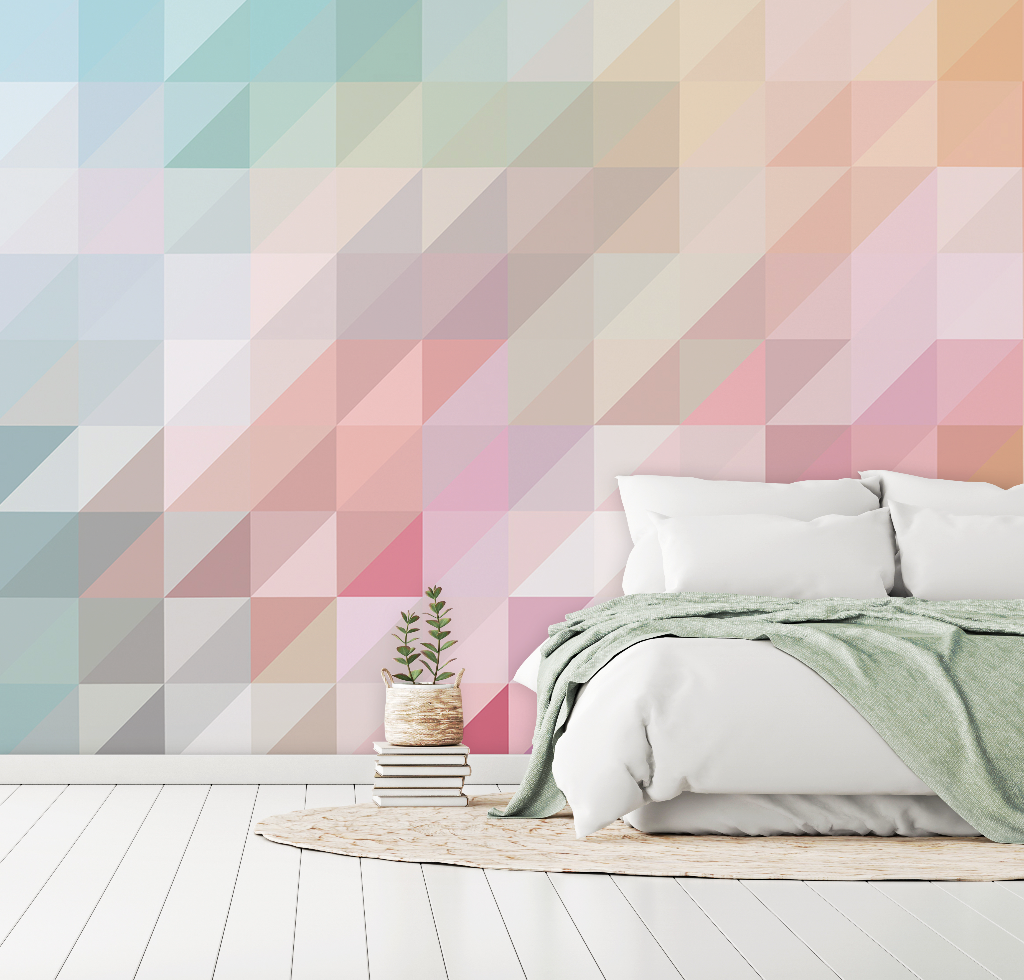 Pink and Blue Geometry Wallpaper Mural in a cozy bedroom