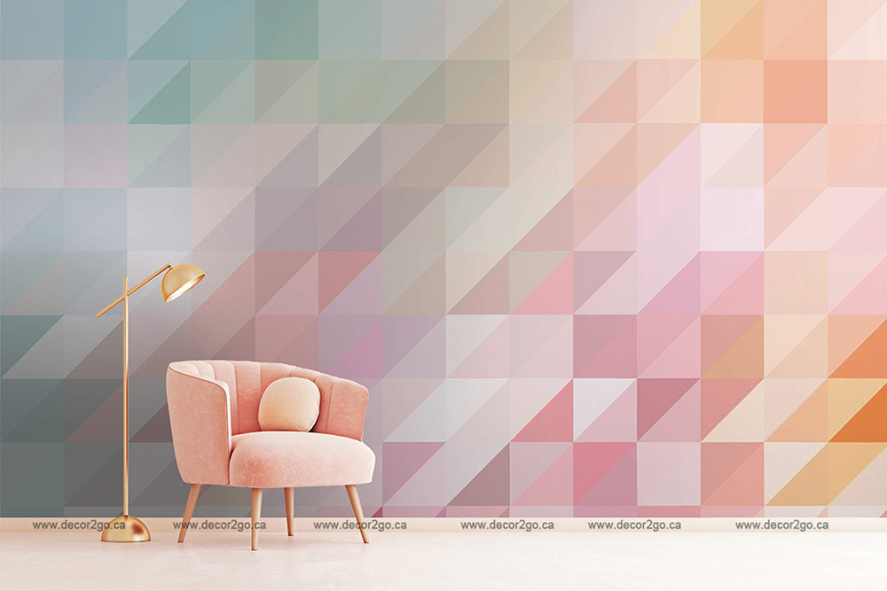 Living Room - A minimalist living room with an elegant pink armchair and a stylish golden floor lamp, against a Decor2Go Wallpaper Mural pink and blue geometry wallpaper mural.