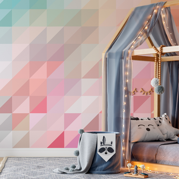 Kids Room - A cozy children's room featuring a wooden canopy bed draped with sheer curtains and string lights. The bed is adorned with plush pillows and a blanket, next to a Decor2Go Wallpaper Mural Pink and Blue Geometry Wallpaper Mural.