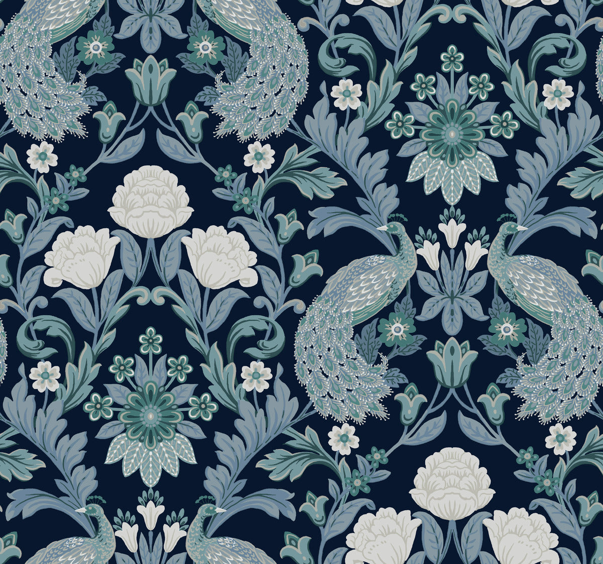 Intricate pattern featuring stylized peacocks with fanned tails and elaborate floral motifs, including large blooms and leaves, all in shades of blue, green, and white on a dark background. This Plume Dynasty Peacock & Floral Wallpaper - Navy (60 SqFt) from York Wallcoverings brings an elegant touch to any room.