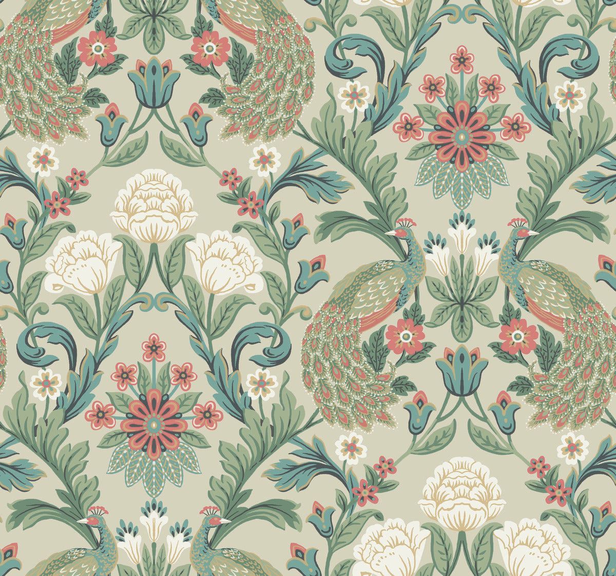 A seamless vintage pattern featuring ornate peacocks, blooming flowers, and intricate leafy designs. The sophisticated design incorporates shades of green, teal, pink, and taupe, creating a classic and elegant aesthetic suitable for York Wallcoverings Plume Dynasty Peacock & Floral Wallpaper - Taupe/Multi (60 SqFt).